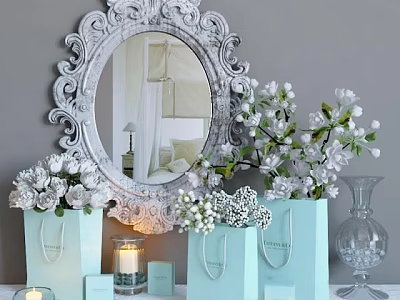 Ornate White Mirror with Intricate Frame and Decorative Floral Arrangements 3d model