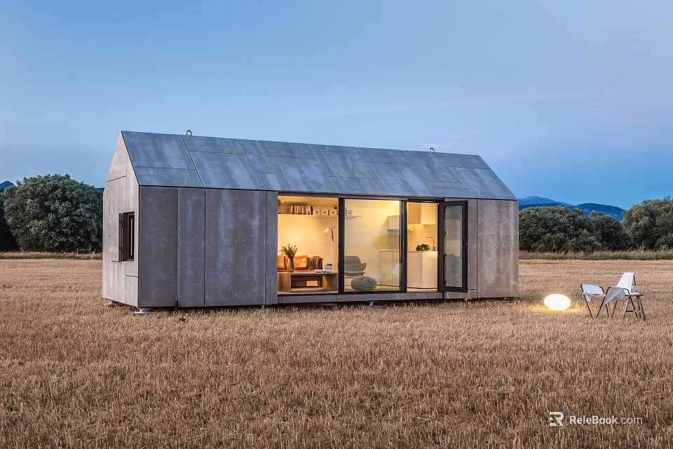 Modern Guesthouse Building In Field With Illuminated Interior And Outdoor Seating 3d model 