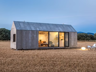 Modern Guesthouse Building In Field With Illuminated Interior And Outdoor Seating 3d model