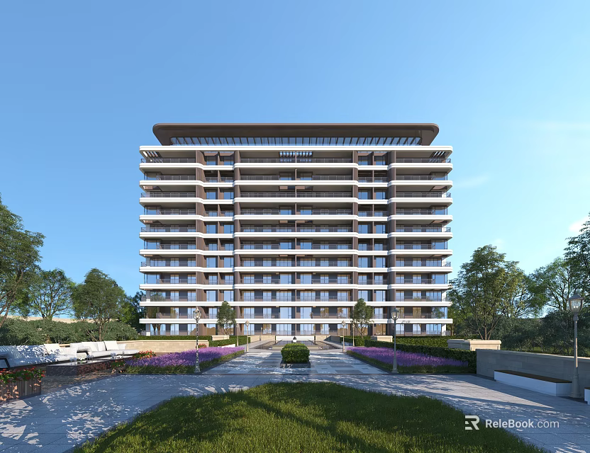 Modern Multi Storey Residential Building With Landscaped Lawn Trees And Balconies 3d model 