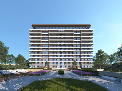 Modern Multi Storey Residential Building With Landscaped Lawn Trees And Balconies 3d model
