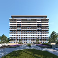 Modern Multi Storey Residential Building With Landscaped Lawn Trees And Balconies