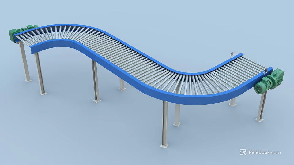 Curved Blue Roller Conveyor Industrial Equipment With Metal Support Legs 3d model 