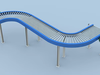 Curved Blue Roller Conveyor Industrial Equipment With Metal Support Legs 3d model