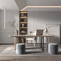 Modern Home Office Interior With Wooden Desk Laptop Built in Shelves Chair and Gray Rug