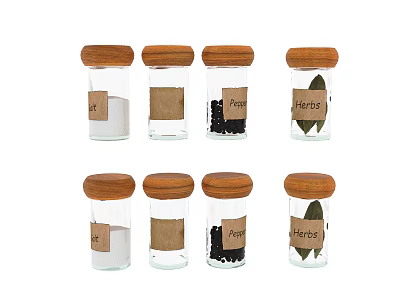 Glass Spice Jars With Wooden Lids Containing Salt Pepper And Herbs 3d model
