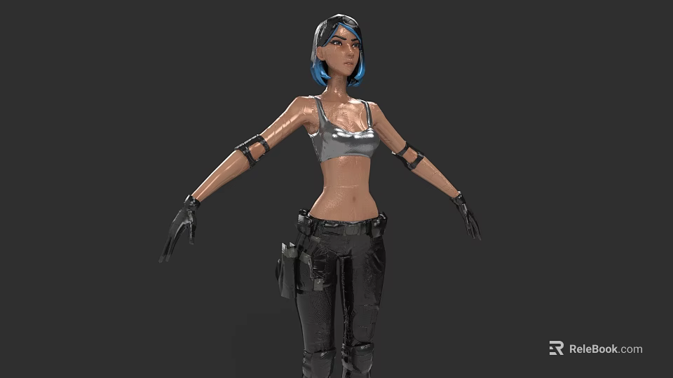 Woman With Blue Hair Gray Tank Top Black Pants Mechanical Arms And Black Gloves 3d model 