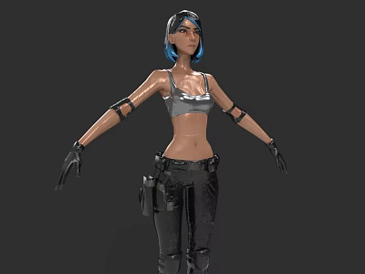 Woman With Blue Hair Gray Tank Top Black Pants Mechanical Arms And Black Gloves 3d model