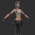 Woman With Blue Hair Gray Tank Top Black Pants Mechanical Arms And Black Gloves