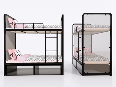Black Frame Bunk Bed With Pink Pillows And Polka Dot Mattress For Kids Bedroom 3d model