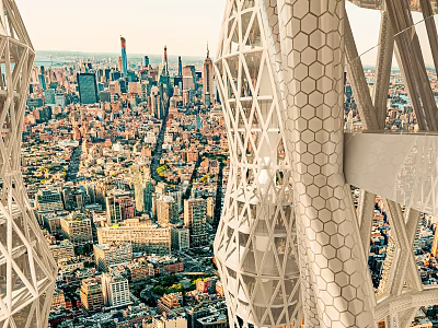 Elegant Modern Hexagonal Lattice Tower Design With Urban City Skyline Backdrop 3d model