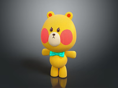 Yellow Knitted Bear Toy With Red Cheeks And Green Bow Tie 3d model