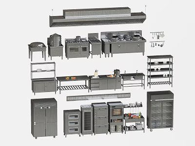 Various Commercial Kitchen Appliances Including Stoves Ovens Refrigerators Shelves And Hoods 3d model