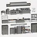 Various Commercial Kitchen Appliances Including Stoves Ovens Refrigerators Shelves And Hoods