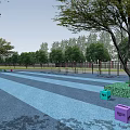 Outdoor Basketball Court with Multiple Hoops Colorful Yellow Blue Surface Surrounded by Trees Fenced Area