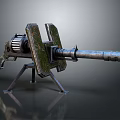 Vintage Machine Gun Weapon with Tripod Stand and Metal Barrel in Industrial Military Design