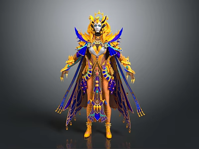 Game Movie Character Wearing Ornate Golden Blue Purple Costume With Crown And Shoulder Wings 3d model