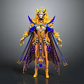 Game Movie Character Wearing Ornate Golden Blue Purple Costume With Crown And Shoulder Wings