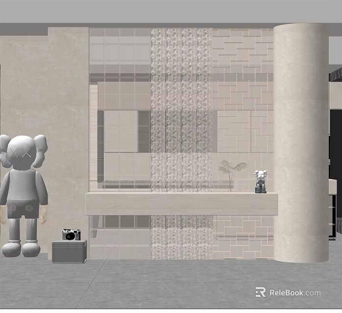 Modern Interior Partition Design With Glass Panel Light Effect And Decorative Sculptures 3d model