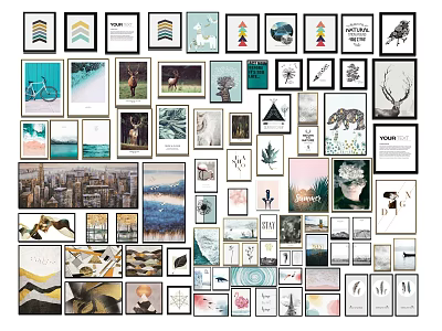 Various Framed Wall Art Prints With Different Themes For Home Interior Decoration 3d model