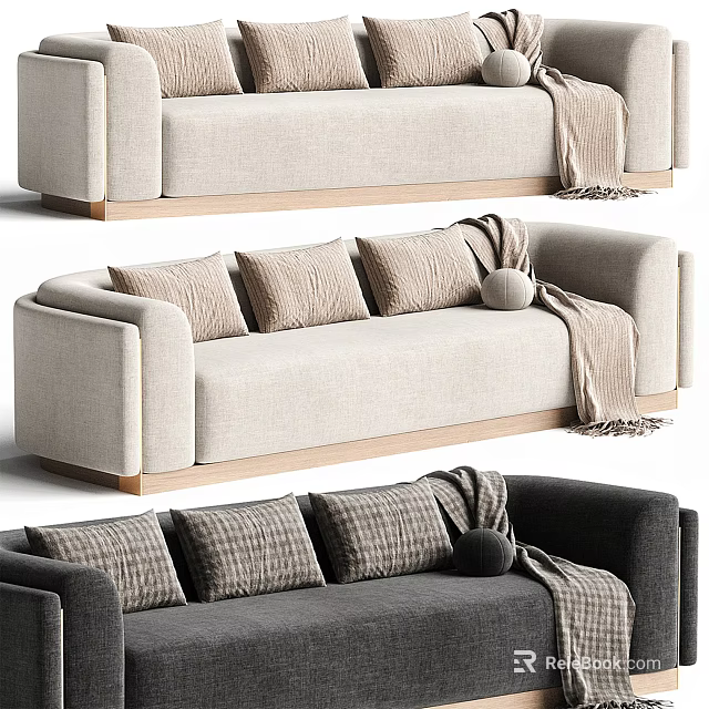 Beige And Dark Gray Upholstered Sectional Sofa With Patterned Pillows And Throw Blanket 3d model