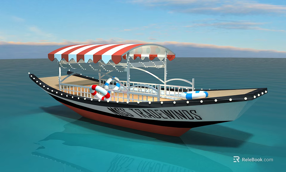 Wooden Boat With Red And White Striped Awning Lifebuoys On Deck And Blue Sea Water 3d model 