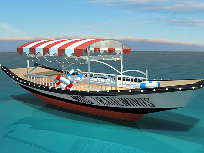 Wooden Boat With Red And White Striped Awning Lifebuoys On Deck And Blue Sea Water 3d model