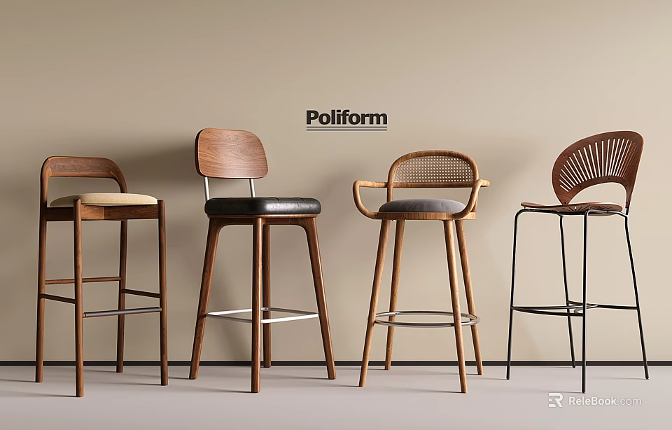 Poliform Bar Stools Showcasing Various Designs Wooden Frames Metal Bases and Rattan Backrests 3d model