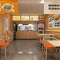 Wooden Restaurant Interior With Bright Lighting Menu Posters Tables And Orange Chairs
