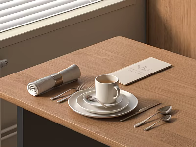 Stylish Tableware Set on Wooden Table with Napkin Cup and Plates 3d model