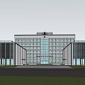 Modern Multi Story Office Building With Glass Curtain Wall Red Emblems And Front Plaza