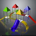 Colorful Children's Playground Structure With Multi Colored Conical Tops Slides And Climbing Elements