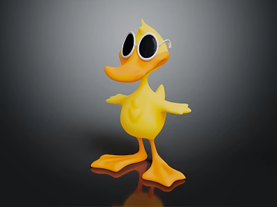 Yellow Cartoon Duck Toy With Black Sunglasses Standing On Black Background 3d model