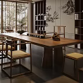 Traditional Chinese Tea Room Interior With Wooden Table Chairs And Tea Sets