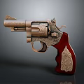 Intricately Carved Revolver Sculpture with Brass Body and Red Wooden Grip