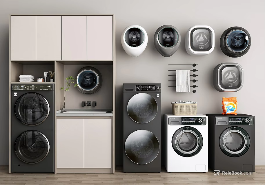 Various Modern Washing Machines With Storage Cabinets Wall Shelves And Laundry Detergent 3d model 