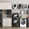 Various Modern Washing Machines With Storage Cabinets Wall Shelves And Laundry Detergent