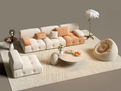 Light Colored Sofa Coffee Table Set with Pillows Round Table Rug Floor Lamp and Armchair 3d model