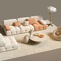 Light Colored Sofa Coffee Table Set with Pillows Round Table Rug Floor Lamp and Armchair