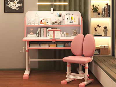 Pink Study Desk With Attached Bookshelf Comfortable Chair And Decorative Stationery 3d model