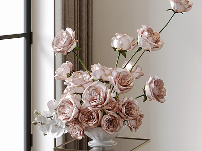 White Vase With Pink Roses And White Orchids On Gold Table By Window Side 3d model