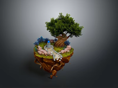 Lifestyle Decorative Miniature Featuring Floating Island Tree Doll Blanket And Flowers 3d model