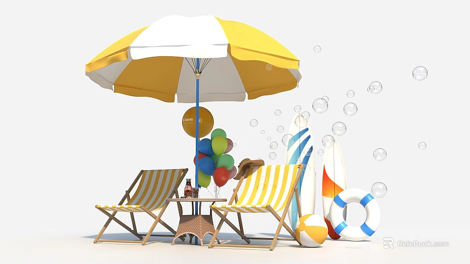 Inflatable Beach Party Supplies With Umbrella Beach Chairs Balloons Surfboards Lifebuoy And Bubbles 3d model 