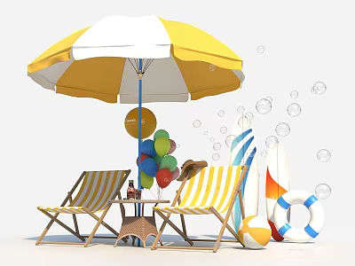 Inflatable Beach Party Supplies With Umbrella Beach Chairs Balloons Surfboards Lifebuoy And Bubbles 3d model