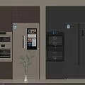 Modern Refrigerator Cabinets With Dark Brown And Black Finishes Ovens Digital Screens And Small Plant