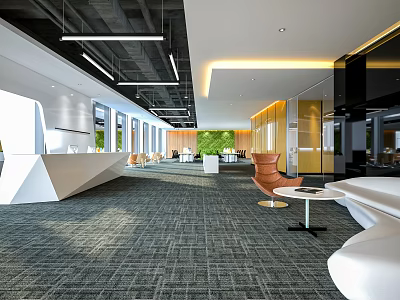 Modern Office Reception Area Interior With Stylish Desk Sofa And Green Plants 3d model