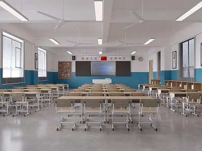 Spacious School Classroom With Blue Walls Blackboard Desks Chairs Fans And Windows 3d model