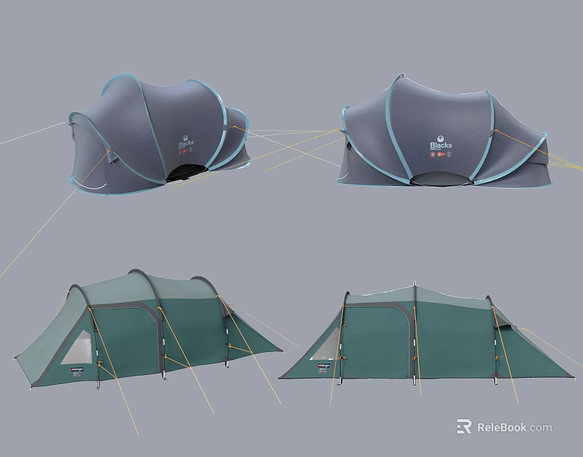 Various Camping Tent Styles With Gray And Green Outdoor Shelter Designs 3d model 