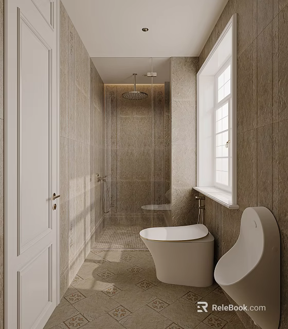 Modern Bathroom Interior With Tiled Walls Glass Shower Enclosure Toilet Bidet And Window 3d model 