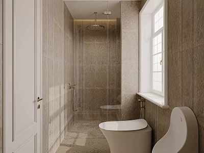 Modern Bathroom Interior With Tiled Walls Glass Shower Enclosure Toilet Bidet And Window 3d model